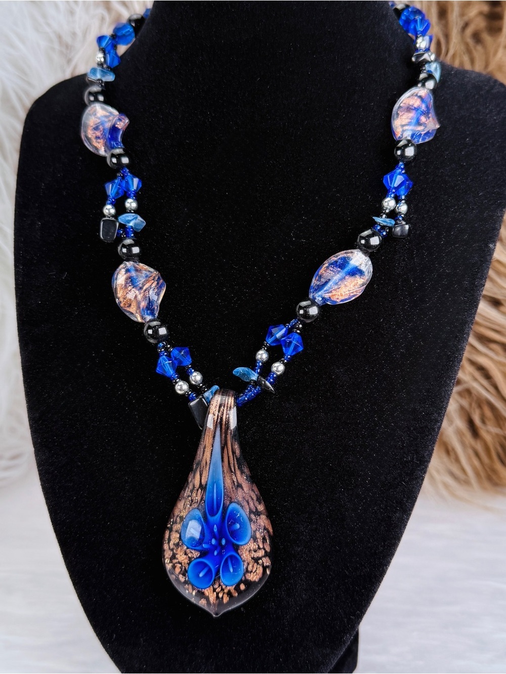 OOAK Artisan Hand Blown Art Glass Beaded Necklace Blue Floral Pendant